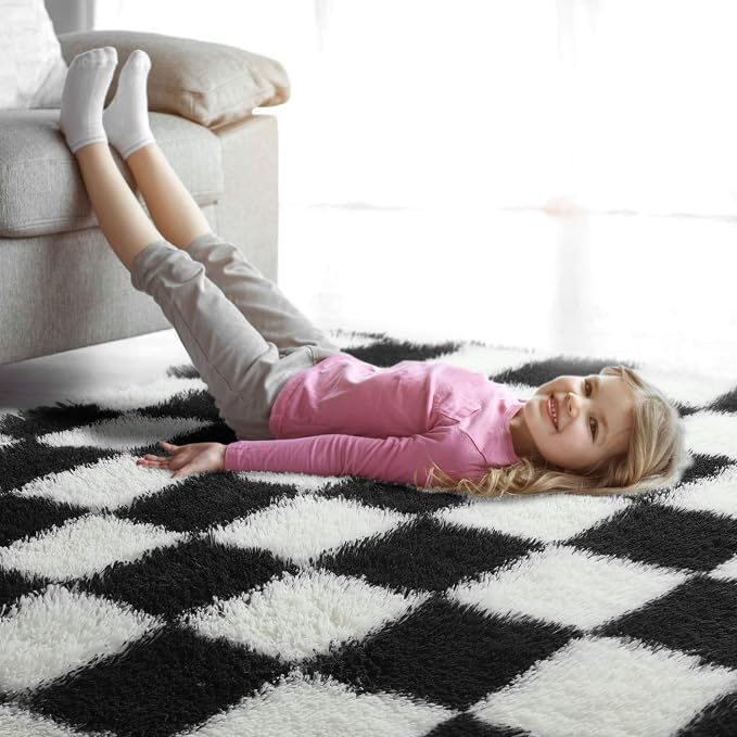 KICMOR Small Rug for Bedroom, 2x3 Fluffy Soft Black and White Checkered Rug - Image 7