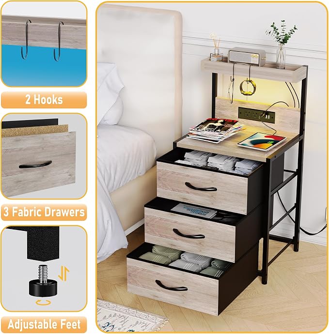 SZLHANJZ Night Stand Set 2, LED Lights and Charging Station, 3 Drawers | - Image 6