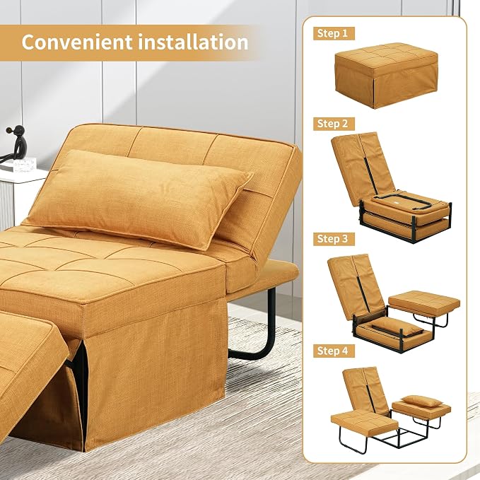 Yellow Sofa Bed, Convertible Chair 4 in 1 Multi-Function Modern Folding Ottoman - Image 6