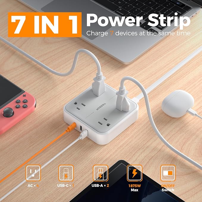 TESSAN Surge Protector Flat Extension Cord 5Ft, Flat Plug Power Strip | 4 - Image 2