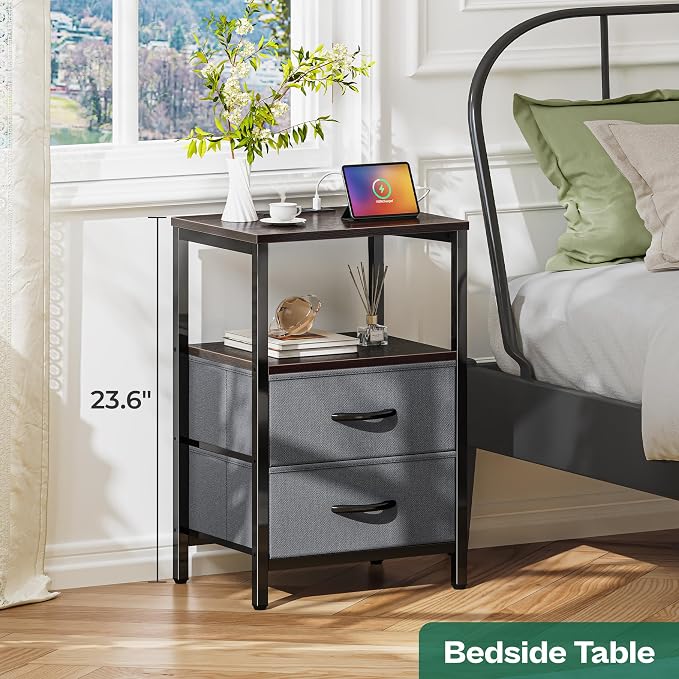Huuger Nightstand with Charging Station, Side Table with Fabric Drawers | End - Image 4