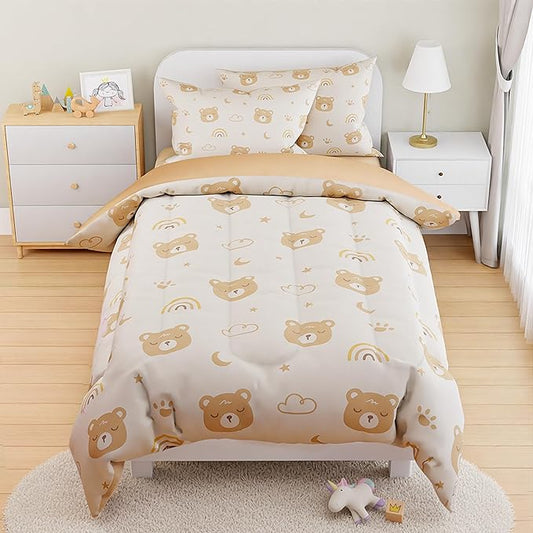 SANDJEST Bear Comforter Set Full Size 98x86in for Kids Boys Girls Unisex, Microfiber 4 Pcs Bedding Set Includes 1 Comforter, 2 Pillowcases, 1 Fitted Sheet, Nursery Room Decor