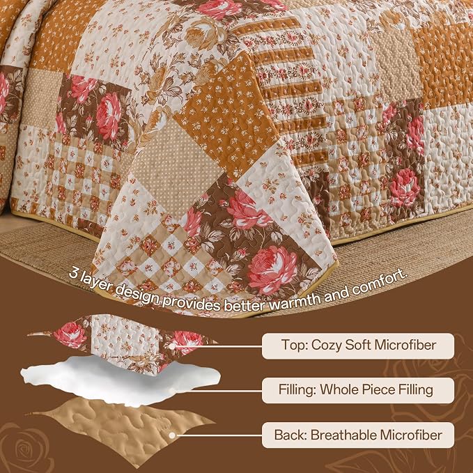 Floral Quilt Set King Size, 3 Pieces Patchwok Burnt Orange Brown Bedspread Fall - Image 5