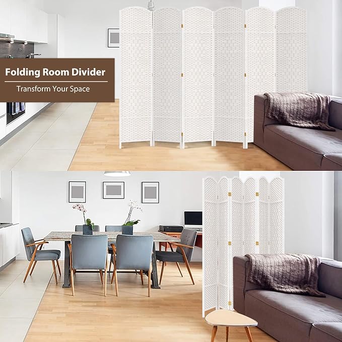 6 Panel Room Divider, 6 FT Wide Folding Screen Room Divider, Off White | Double - Image 2