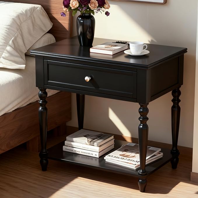 Solid Wood Nightstand with Charging Station, Traditional End Table with Drawers by Owipaw