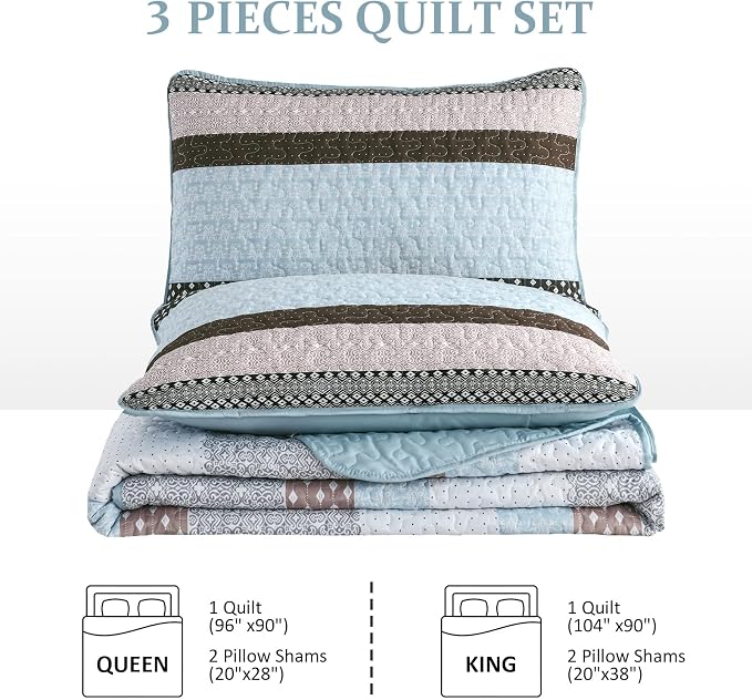WONGS BEDDING Boho Quilt Queen Size, Patchwork Bedding Set, 3 Pieces Plaid - Image 8