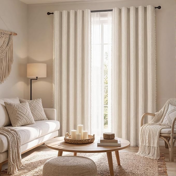 Boho 100% Blackout Curtains 84 Inch 2 Panels Linen Blend Beige | Vintage - Image 2