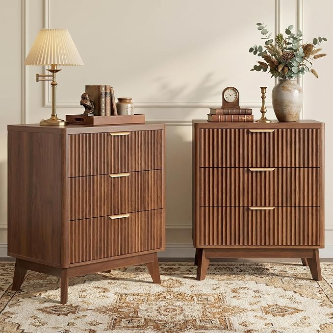 LYNCOHOME Fluted Nightstand Set of 2, Wood Bedside Table by LYNCOHOME