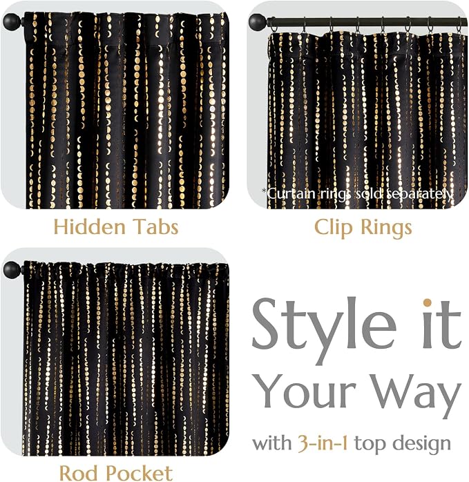 jinchan Boho Blackout Curtains 63 Inch Length Moon Phase Printed Drapes | Gold - Image 5