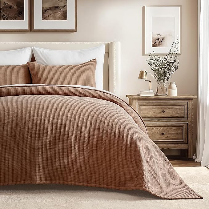 EVERGRACEHOME Cotton Gauze Matelassé Coverlet, Queen Size, Terracotta Clay | by EVERGRACEHOME