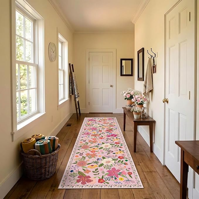 Latte&Fog Washable Hallway Runner Rug 2x6 Non Slip Pink Rugs - Image 2