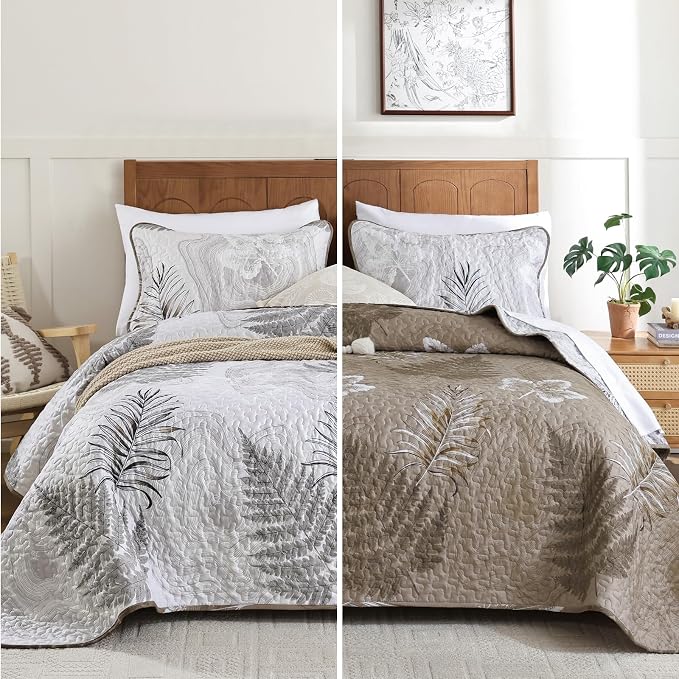 DJY Queen Size Brown Quilt Set, 3 Piece Reversible Leaves Bedding Set | Soft - Image 5
