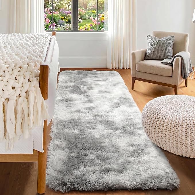 2x6 Runner Rugs for Bedroom Living Room, Fluffy Tie-Dyed Light Grey Bedside by ONASAR