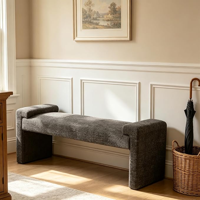 Upholstered Entryway Bench, 58.7" Modern Bedroom Bench, Curved Armrests by CACFTII