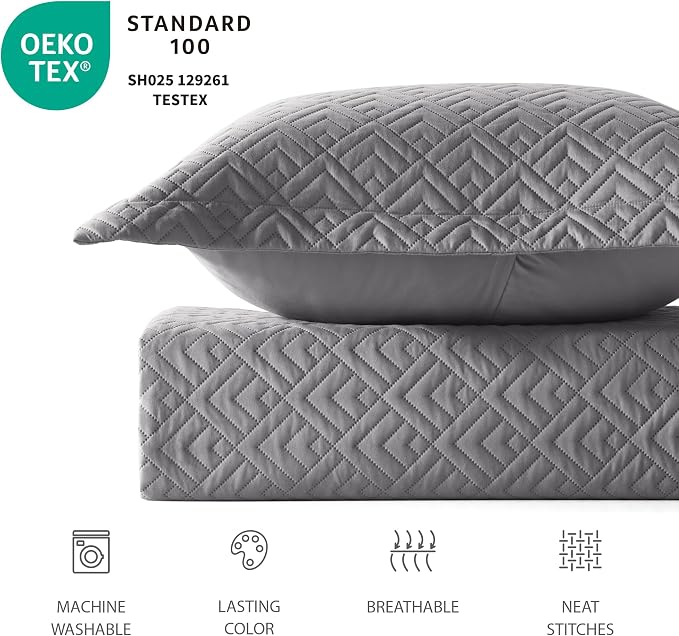 EXQ Home Quilt Set Queen Size Summer Squares Pattern Grey Bedspread | Bedding - Image 4