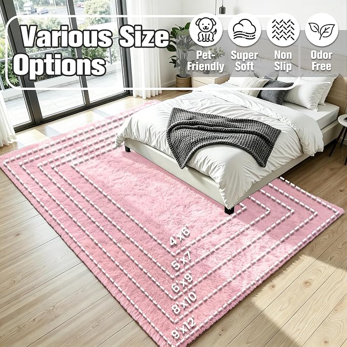 6x9 Fluffy Area Rug for Living Room: Soft Non-Slip Pink Shag Bedroom Carpet | - Image 8