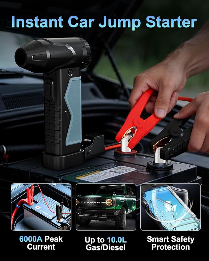Macson 150000RPM Compressed Air Duster & Air Blower, 3-in-1 High-Speed Electric Air Duster with 6000A Jump Starter, Air Duster Rechargeable Battery Booster with LED Light for Home Car Cleaning