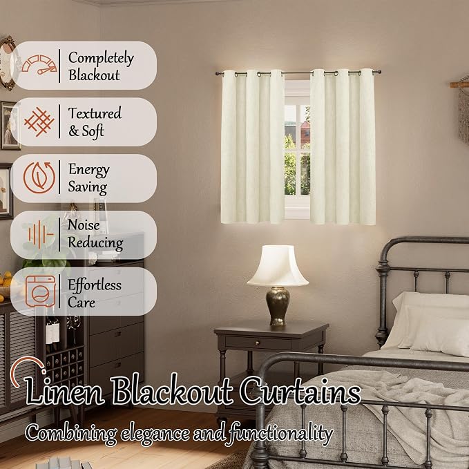 Short Cream Blackout Curtains 45 Inch Length Each 38 Wide 2 Panels | Thermal - Image 2