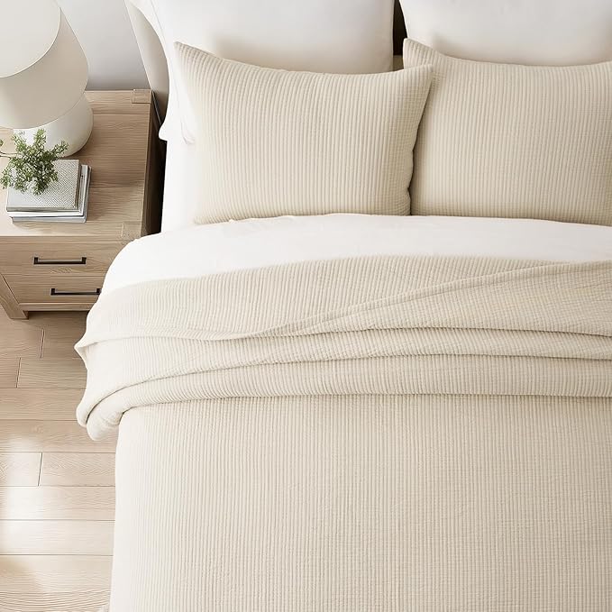 EVERGRACEHOME Cotton Gauze Matelassé Coverlet, Queen Size, Soft Oat | Ultra - Image 5