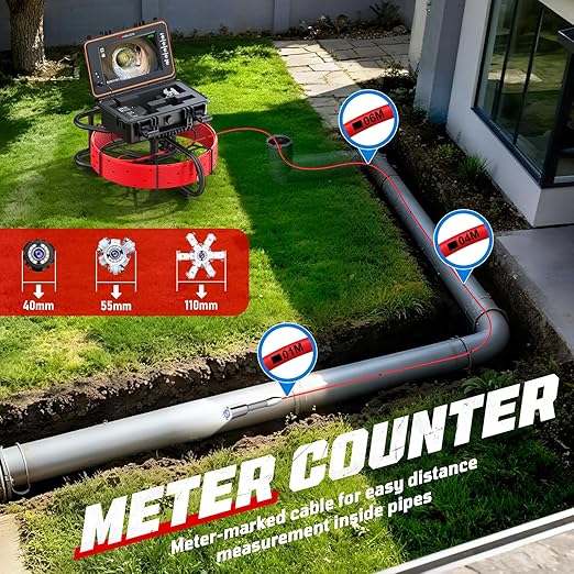 HBUDS Sewer Camera, Self Leveling Drain Camera 65ft with Meter Counter, 7mm Thick Cable, 9" HD Screen 1080P Plumbing Cameras Snake with Light, 5100mAh Battery Duct Pipe Video Inspection Cam DVR 32GB