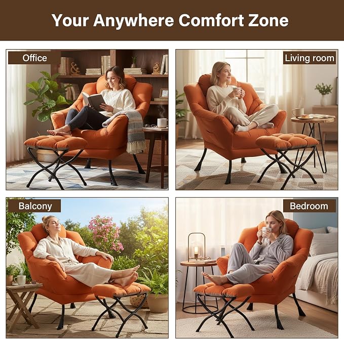 Welnow Lazy Chair with Ottoman, Reading Chair with Footrest，Orange | A Side - Image 8