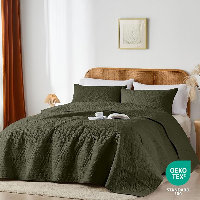 akkialla Full/Queen Size Quilt Bedding Set, Olive Green Lightweight Microfiber - Image 2