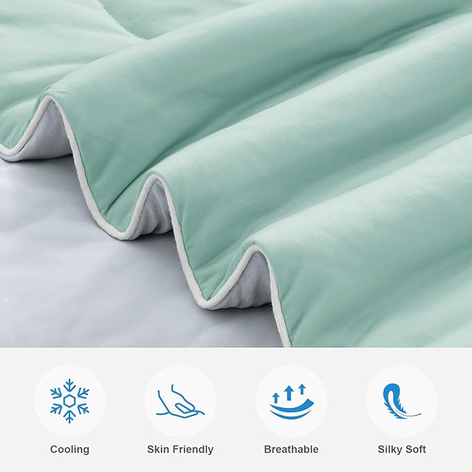 EASELAND Cooling Comforter Queen, Cold Touch Fabric Absorbs Body Heat, Double-Sided Cool Design Soft Fluffy Cooling Blanket for Night Sweats Hot Sleeper (Green, Queen(90"x90"))