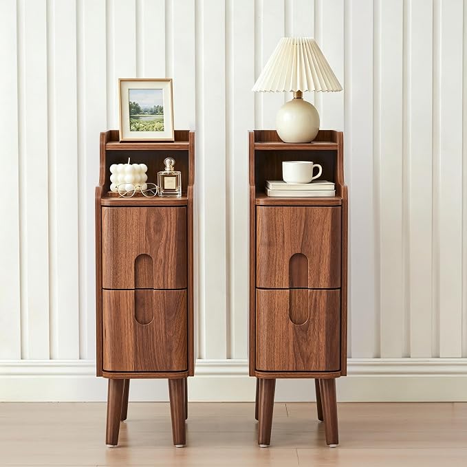 FurSch Narrow Nightstand, Wooden 2 Drawer, Skinny Bedside Table, Mid Century by FurSchFurniture