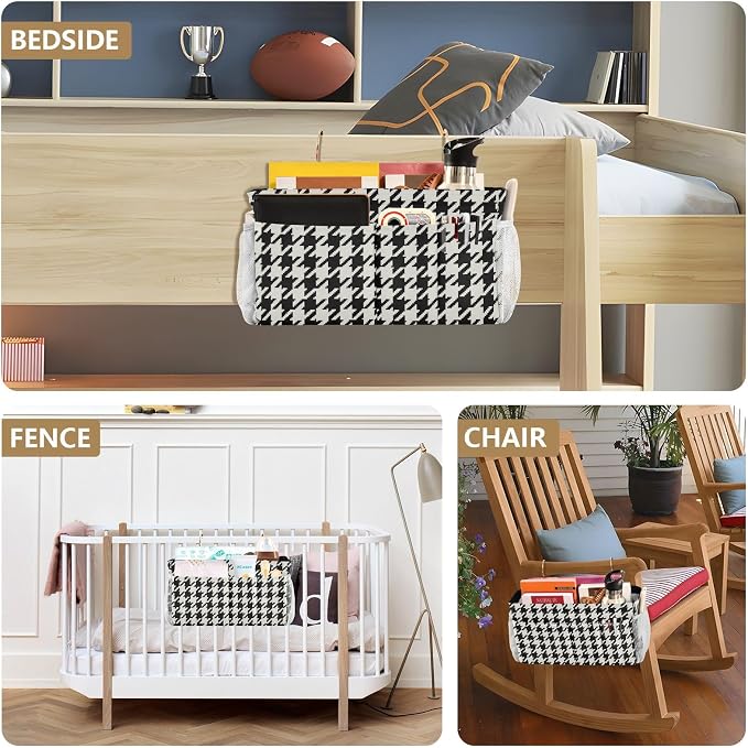 Classic Houndstooth Print Bedside Caddy Storage Bag Bedside Organizer - Image 8