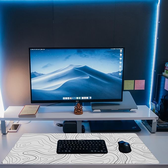 Eflxamz Desk Mat,White Topographic Contour Map Desk Pad,Topographic Contour Large Gaming Mouse Pad for Desk,Extended Big Computer Keyboard Mouse Pad with Non-Slip Base and Stitched Edge,35.4"x15.7"