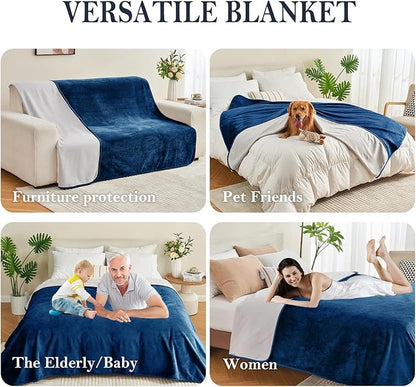 Waterproof Blanket 60"x80" for Adults, Reversible Waterproof Bed Cover for Dogs Cats Pets, Soft Leakproof Blanket for Bed Couch Sofa Furniture Protector, Navy Blue/Light Grey