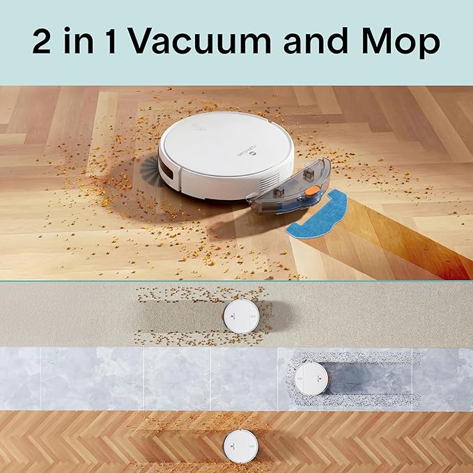 SereneLife Smart Robot Vacuum Cleaner and Mop Combo, App Control, 3 Cleaning Modes, Anti-Fall Sensors, Self-Charging, High Suction Ideal for Pet Hair, Carpet and Hard Floors, White