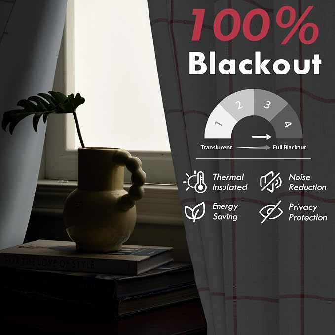 DriftAway 100% Blackout Plaid Linen Curtains 72 Inches Long 2 Panels Red | 100% - Image 5