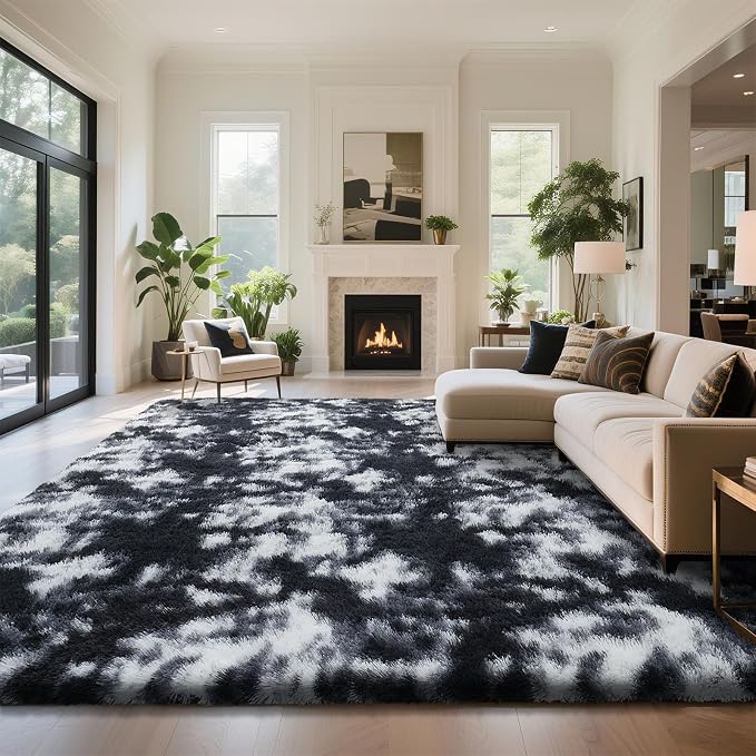 Mottled Black 6x9 Area Rugs for Living Room, Fluffy Shag Rug Large Carpet | - Image 2