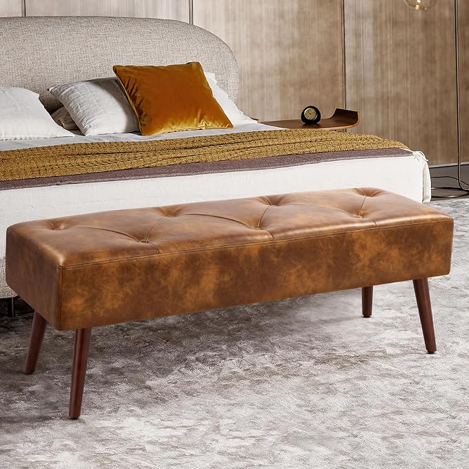 44 Inch Tufted Leather Bench, Leather Footrest Stool Bedroom Bench Seat - Image 2