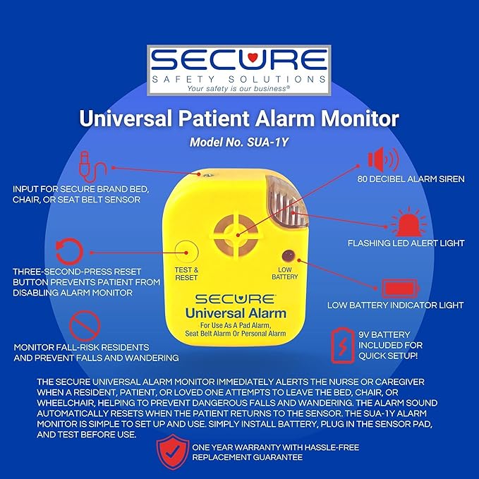Secure Bed Alarm for Elderly Adults - 12" x 30" Pressure Sensor Pad, 80 dB Caregiver Alert with Holder, 9V Battery - Fall Prevention, Dementia Patient Monitoring, Motion Sensor for Seniors