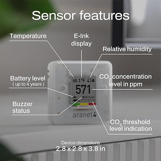 SAF Aranet4 Home: Wireless Indoor Air Quality Monitor for Office or School (CO2, Temperature, Humidity and More) Portable, Battery Powered, E-Ink Screen, App for Configuration & Data History
