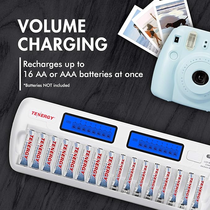 Tenergy TN438 16 Bay Battery Charger for AAA and AA Rechargeable Batteries, AA/AAA NiMH/NiCd Rechargeable Batteries Charger with AC Wall Adapter and Car Adapter