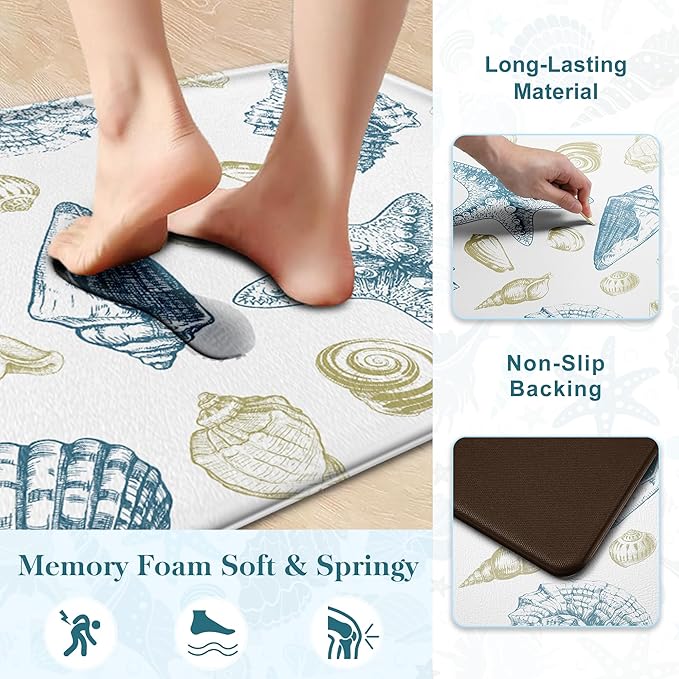 Kitchen Mats for Floor Cushioned Anti Fatigue Sets of 2 Beach Theme Kitchen Rugs Non Slip Waterproof Coastal Foam Kitchen Floor Rug Nautical Seashell Comfort Standing Mat For Sink Laundry, Blue