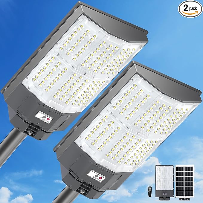 10500W Solar Street Lights Outdoor, 2PCS 650000LM 7000K Solar Parking Lot Lights Dusk to Dawn 40000mAh IP67 Waterproof Pole Security Flood Lamps with Motion Sensor and Remote for Yard, Driveway