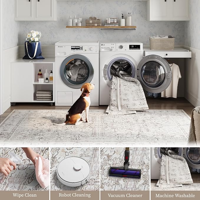 jinchan Lima Kitchen Runner Rug 3x8-2pcs, Bohemian Hallway Washable Rug Floral Non Slip with Rubber Backing Vintage Carpet Runner for Bedroom Bathroom Laundry Room Living Room Taupe