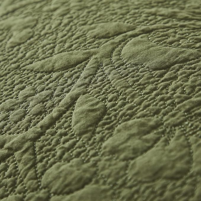 Brandream Olive Green Floral Vine Cotton Quilt Set King Size Luxury Scalloped - Image 8