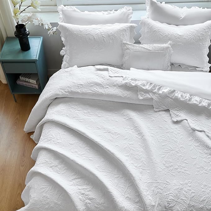 Brandream White Quilt Set King Size Quilt Bedding Set Cotton Luxury Matelasse - Image 3
