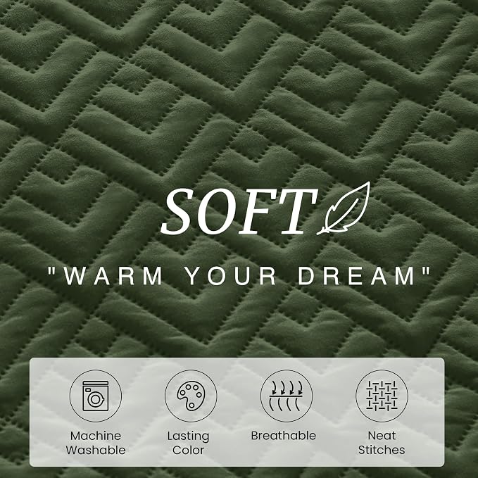EXQ Home Twin Quilt Set Lightweight Squares Pattern Olive Green Bedding Set | - Image 4