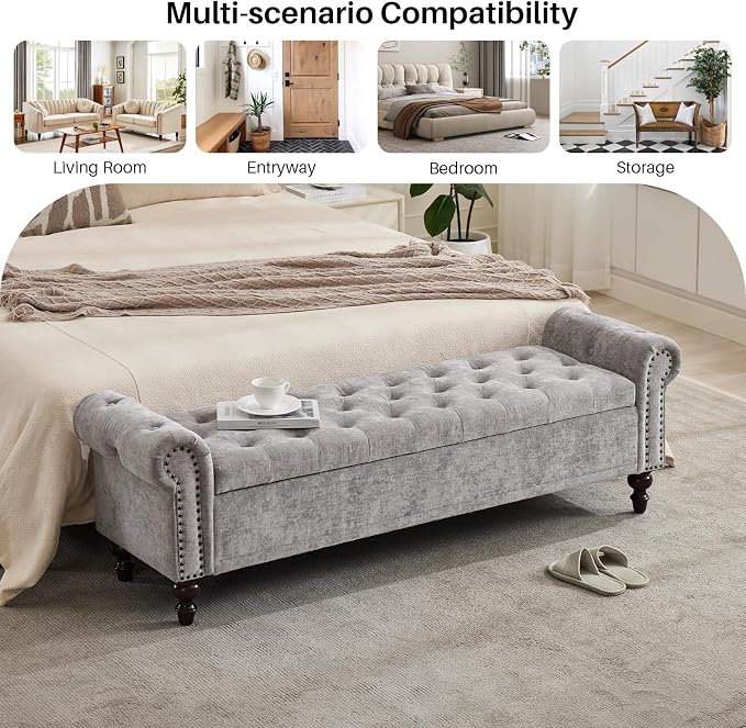 SOFTHION 67" Storage Bench for Bedroom, Chenille Upholstered, Light Grey | King - Image 7