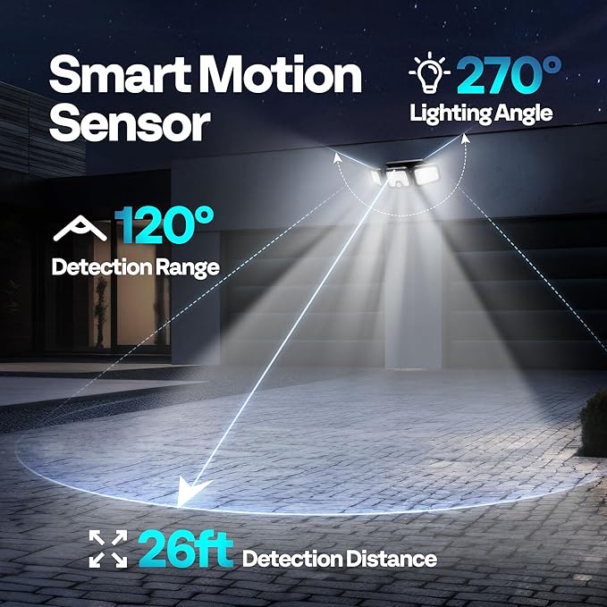 VIVOHOME Solar Flood Lights Outdoor, 256 LED 2500LM Motion Sensor Lights, 3 Adjustable Heads Security Lights, IP65 Waterproof, 270° Wide Lighting Angle Solar Powered Lights for Porch, Yard, 2 Pack