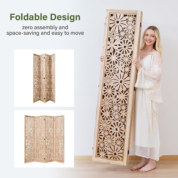 Folding Wood Room Divider Panel, 67 Inch Tall Daisy-Carved Privacy Screen - Image 3