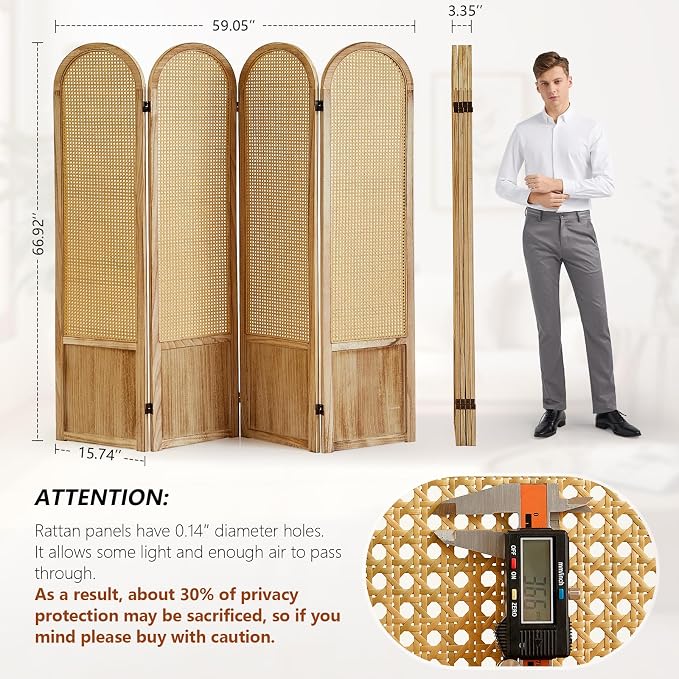 4 Panel Rattan Room Divider Screen, Boho Folding Privacy Screen | Decorative - Image 3