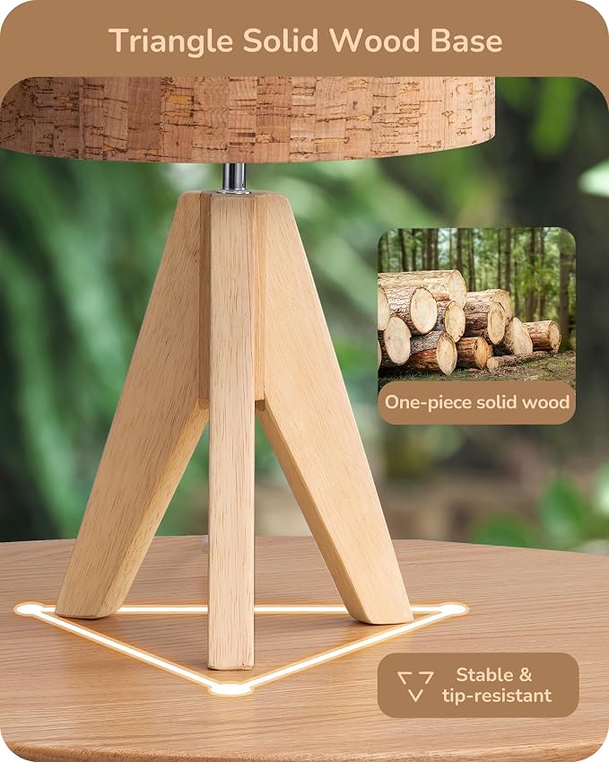 EDISHINE Small Table Lamp, Wood Tripod Nightstand Lamp, Bark Linen Shade | 14.2 - Image 2