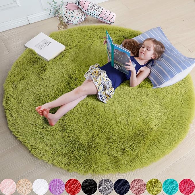 Amdrebio Grass Green Round Fluffy Kids Rug 5Ft by Amdrebio